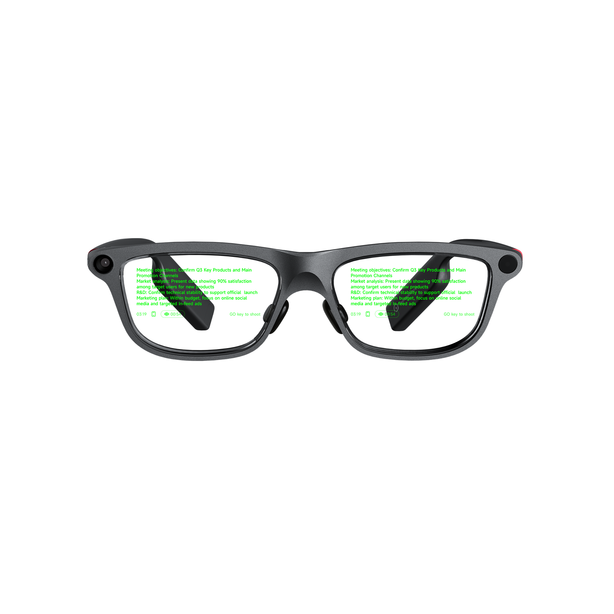 INMO GO3 glasses seen from the front with green text displayed on both lenses