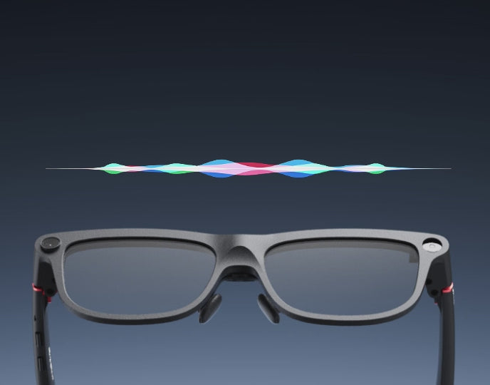 INMO GO3 glasses viewed from above with a colorful voice waveform floating over them against a dark blue background